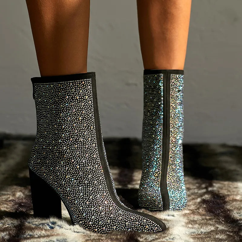 Women Crystal Ankle Boots Sexy 11cm High Heels Diamond Lady Chunky Boots Short Fall Fetish Stripper Booties Colorful Shoes