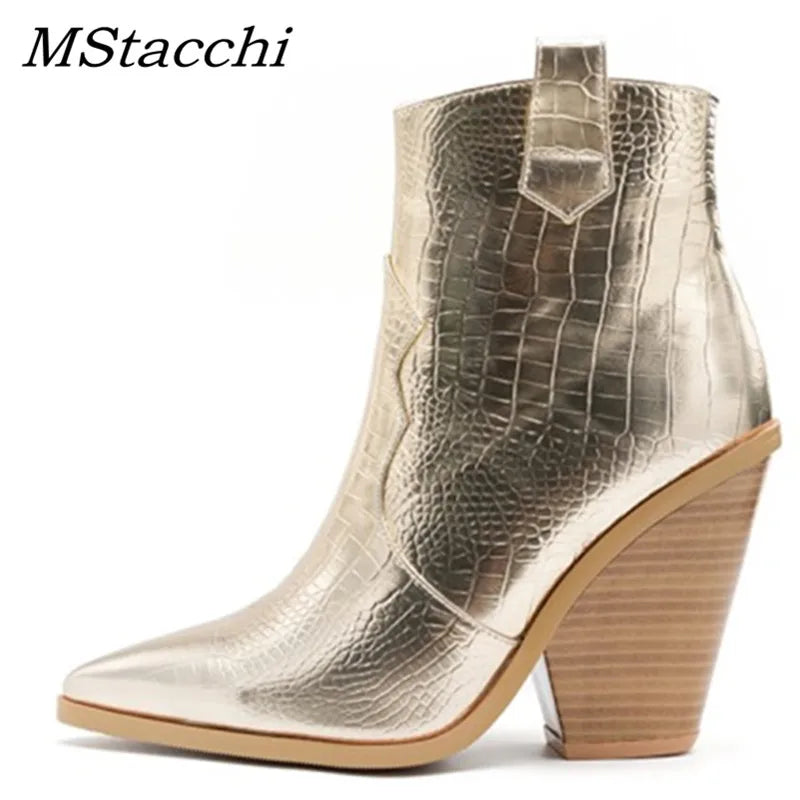 MStacchi Gold Snake Print Ankle Boots For Women Wedge High Heels Boots Woman Runway Design Chunky Heels Botas Mujer Western boot