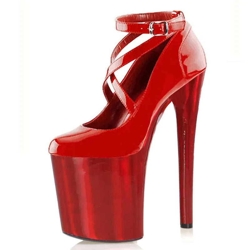 Hot Red Party Dress Shallow Women's Pumps 20CM Super High heeled shoes Sexy Fetish 8 inches Buckle strap Laser Patent leather 1