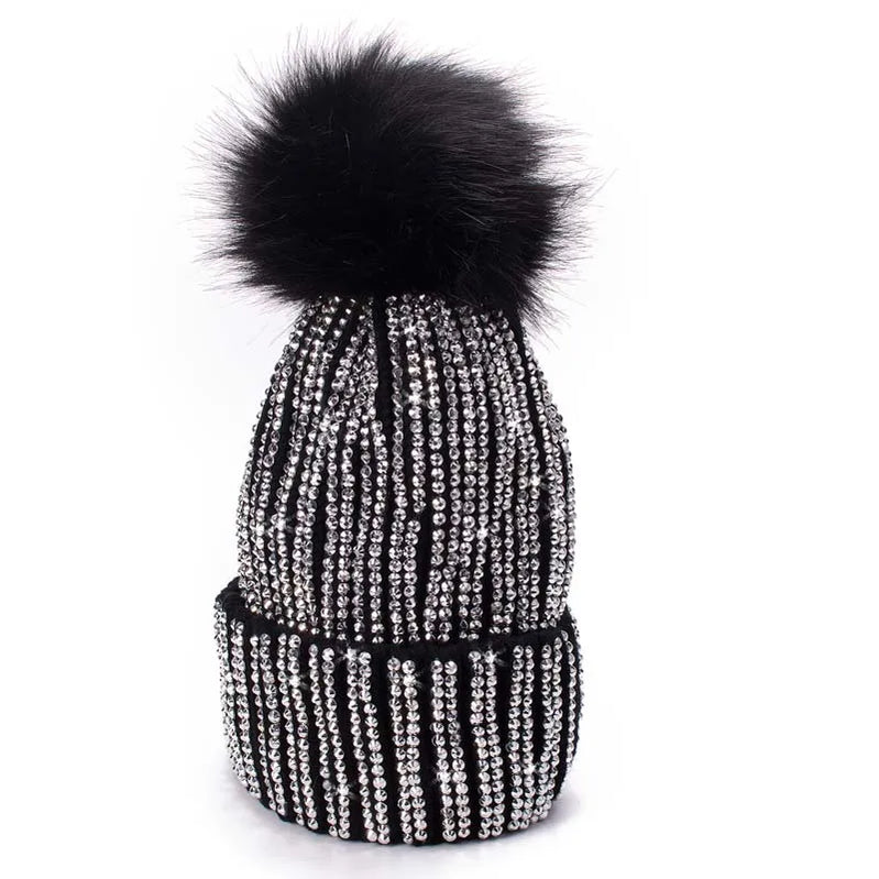 Winter Hats Faux Fur Pom Pom Rhinestone Bling Style Women Beanies Warm Knitted Skull Cap Black