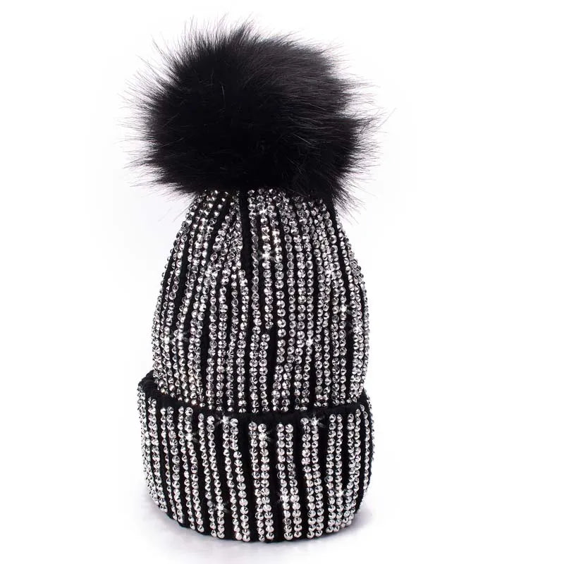 Winter Hats Faux Fur Pom Pom Rhinestone Bling Style Women Beanies Warm Knitted Skull Cap Black