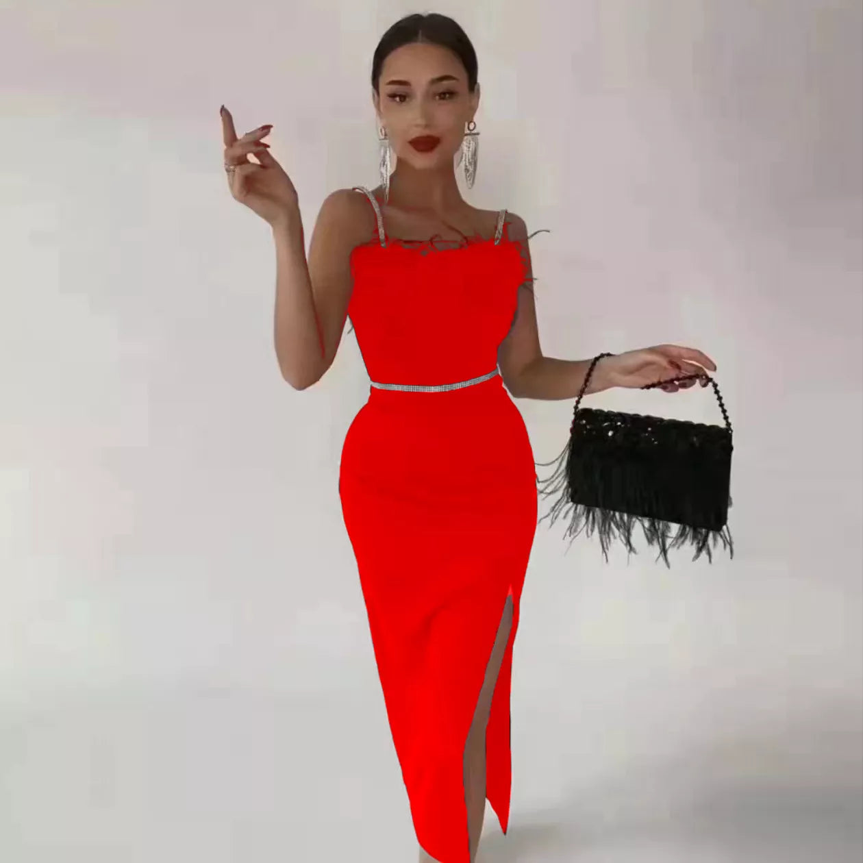 Sexy Beading Bandages Dress Women Black Feathers Elegant Clothing Celebrity Party Club Bodycon Midi Dresses Red