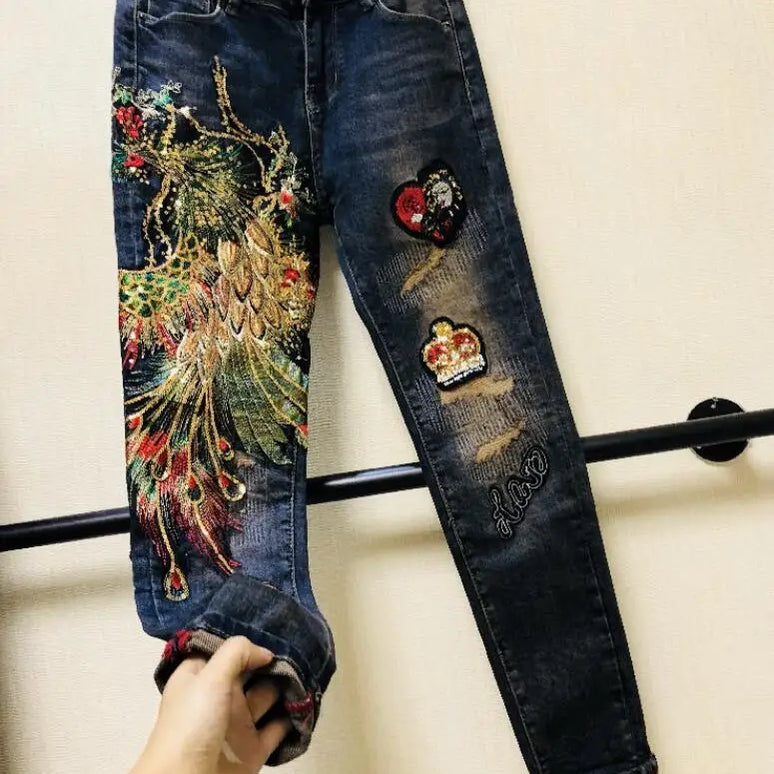 Women's Korean Fashion high waist phoenix embroidery Jeans Female Sexy Jeans Plus Size slim denim pants TB509