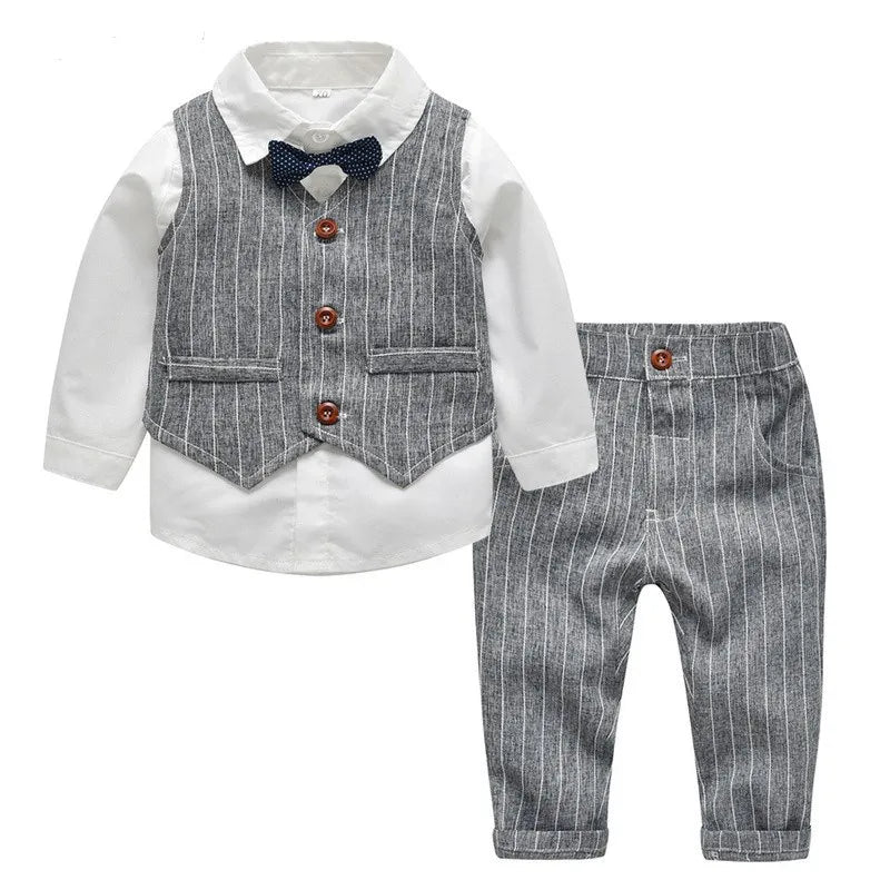 Top and Top Spring&Autumn Baby Boy Gentleman Suit White Shirt with Bow Tie+Striped Vest+Trousers 3Pcs Formal Kids Clothes Set GRAY