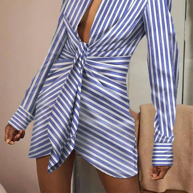 Women Elegant Turn-Down Collar Folds Party Dress Casual Striped Ladies Mini Shirt Dresses Autumn Long Sleeve Slim Fit Vestidos
