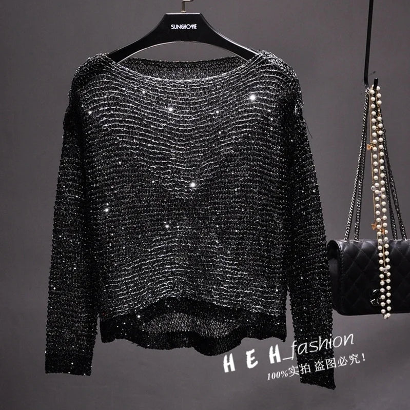 Hollow-out Sequins Loose Knit Set of Head Light Silk Top Long-sleeved Round Collar Thin Gown