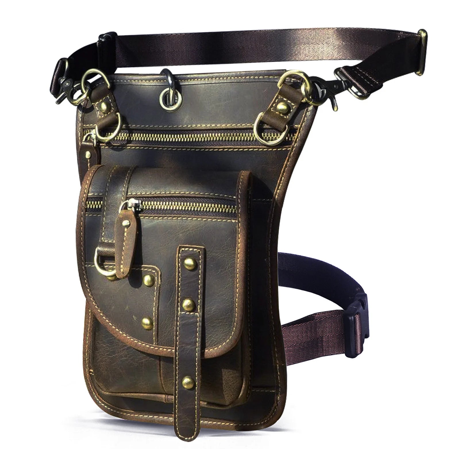 Leather Multipurpose Men Travel Mochila Crossbody Messenger Bag Hook Belt Waist Pack Drop Leg Phone Case Bag Dark Brown