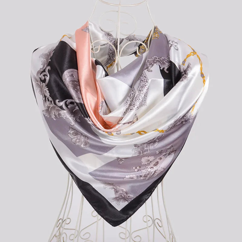 Ladies Green Coffee Square Scarves Printed Women Elegant Satin Large Silk Scarf Shawl 90*90cm Winter Neck Head Scarf black white
