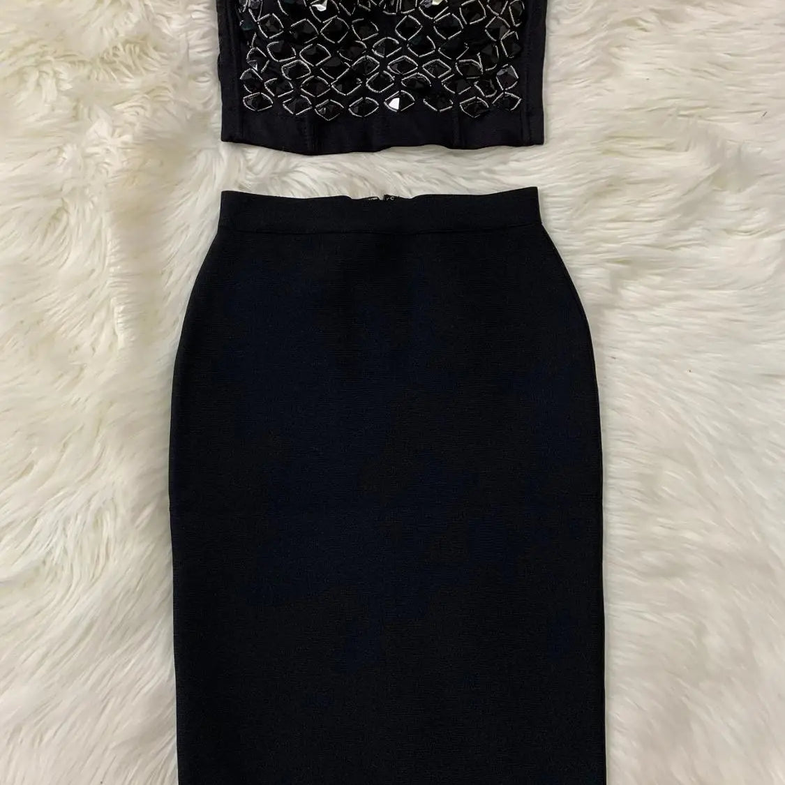 Red Mantual Beading Two Pieces Set Rayon Bandage Elegant Club Party Dress