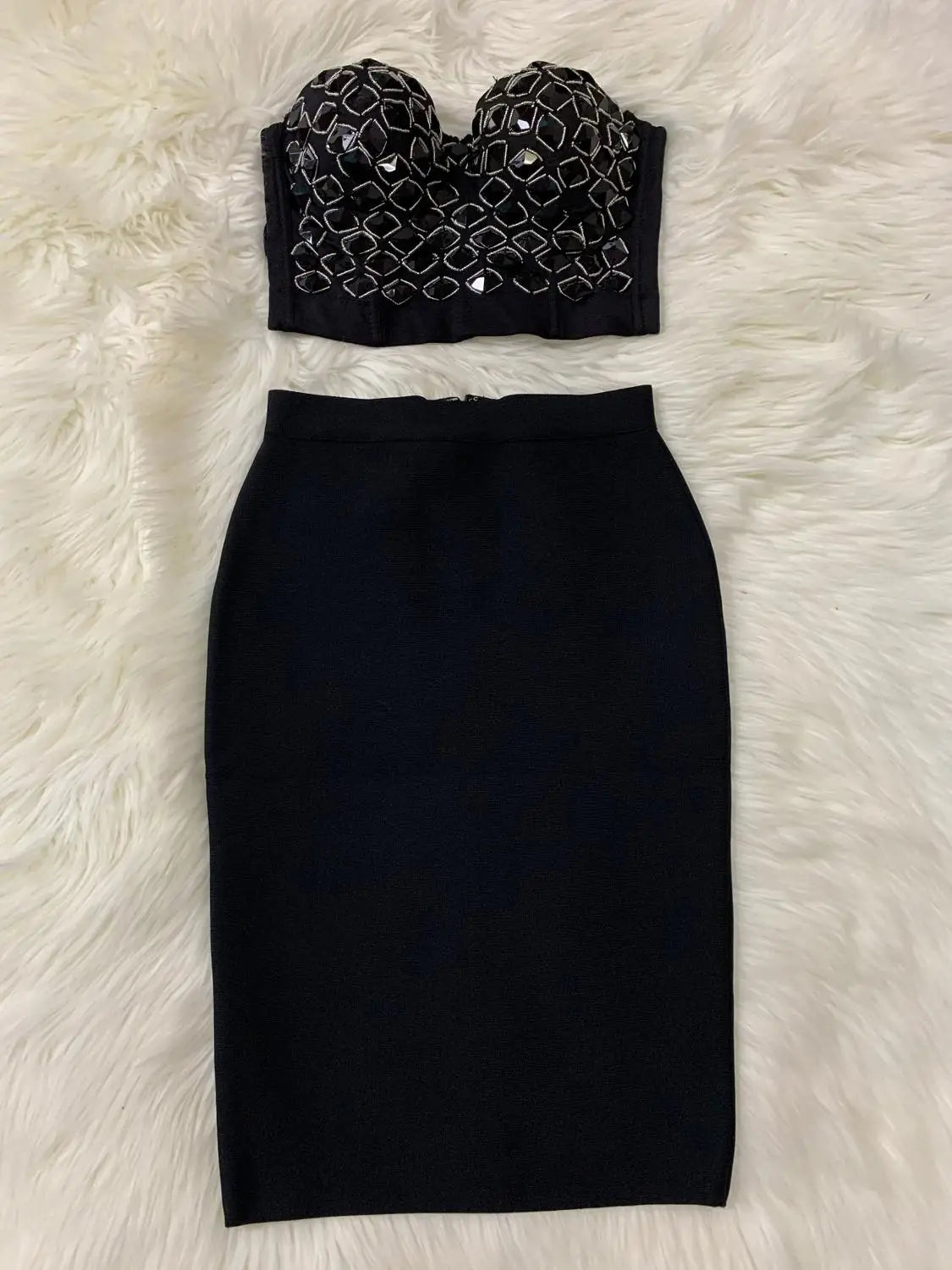 Red Mantual Beading Two Pieces Set Rayon Bandage Elegant Club Party Dress