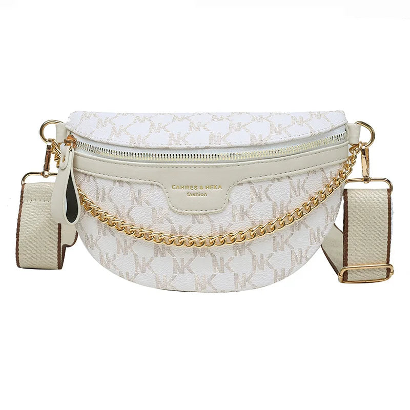 Women Chain Waist Bag PU Leather Fanny Pack Waist Belt Bag for Women Luxury Shoulder Crossbody Chest Purses and Handbag White C