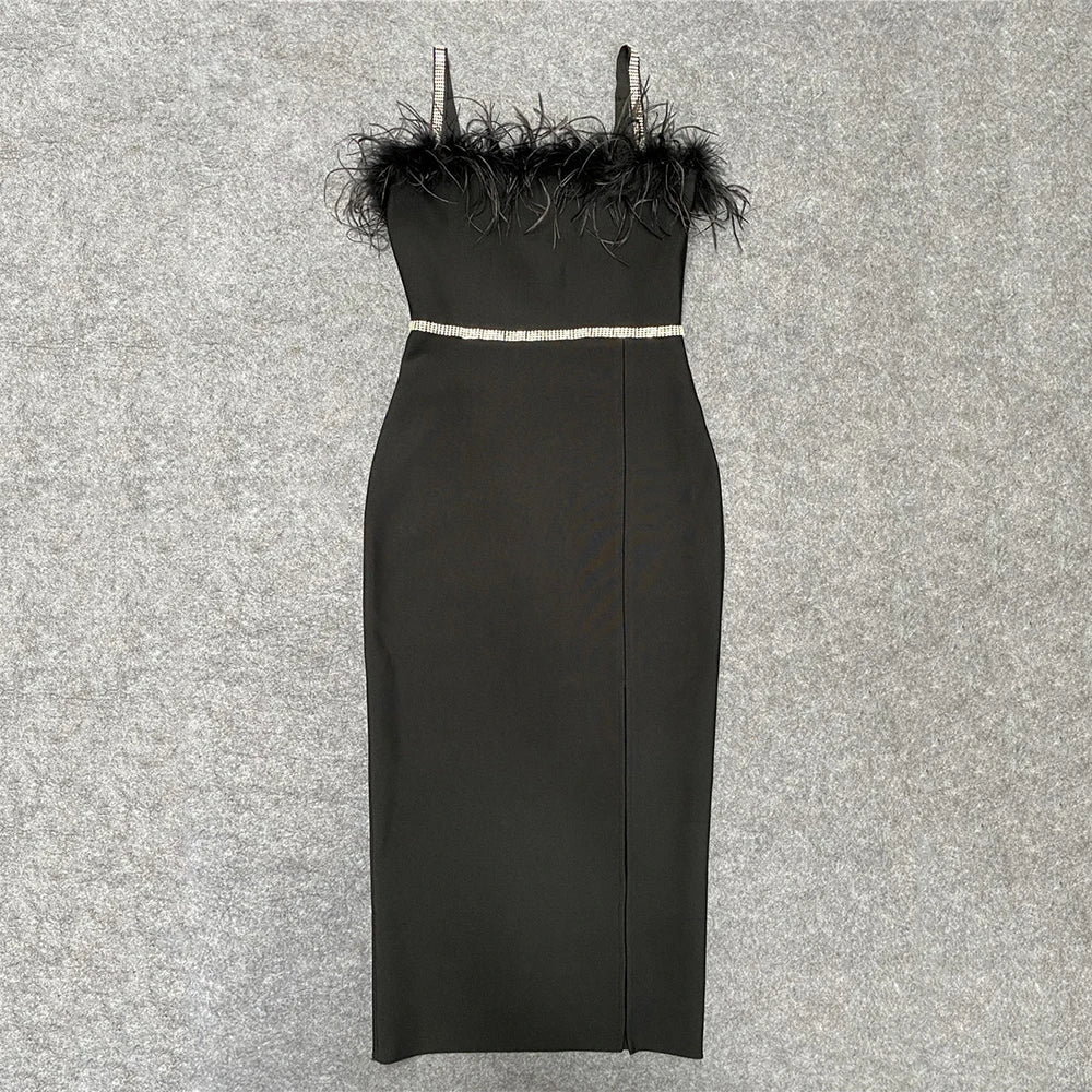 Sexy Beading Bandages Dress Women Black Feathers Elegant Clothing Celebrity Party Club Bodycon Midi Dresses