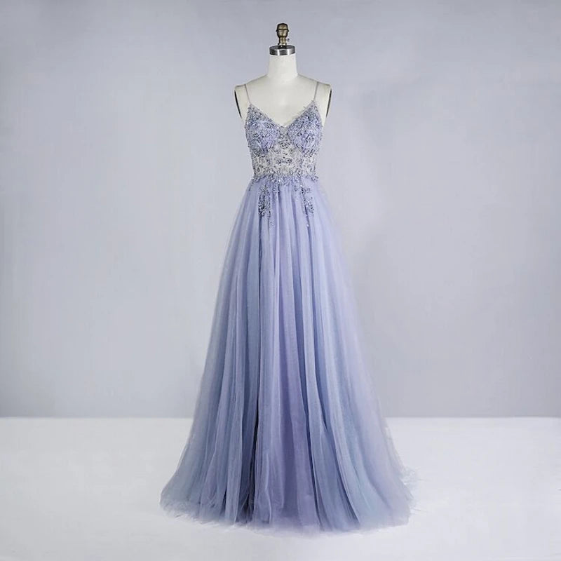 Beaded Crystal Prom Dresses Long Sexy See Through A-Line Split Tulle V Neck Spaghetti Strap Evening Formal Gown blue purple
