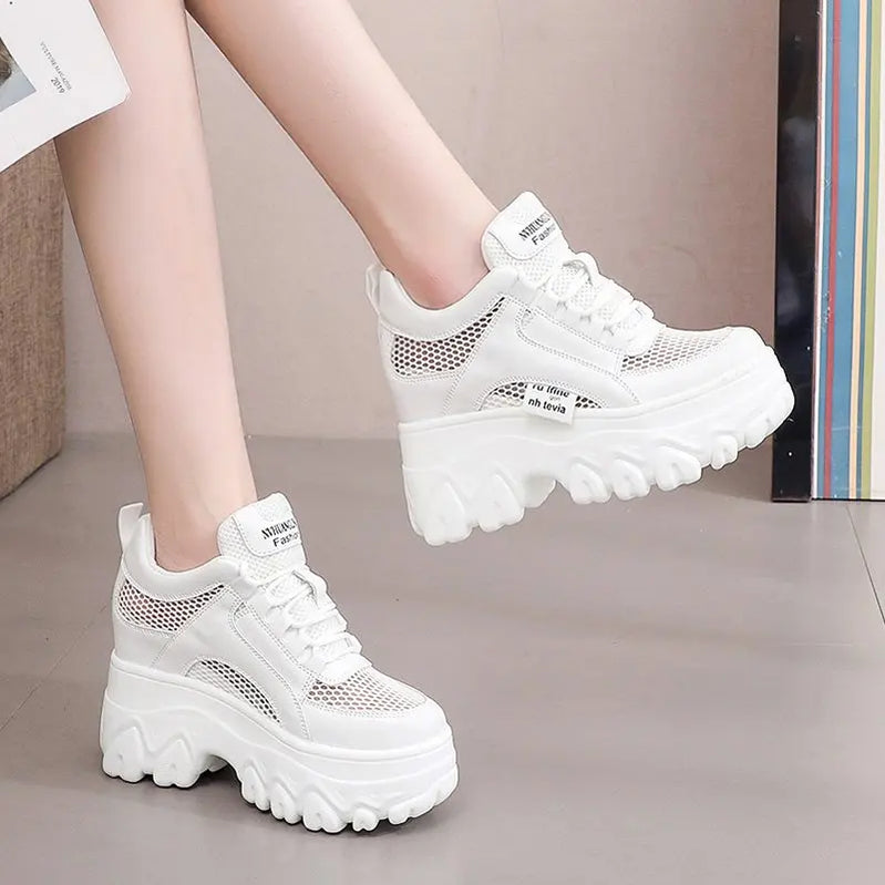 Breathable Mesh Chunky White Sneakers Women Summer Hollow Out Mesh Platform Sandals Woman Height Increased Casual Shoe 10cm