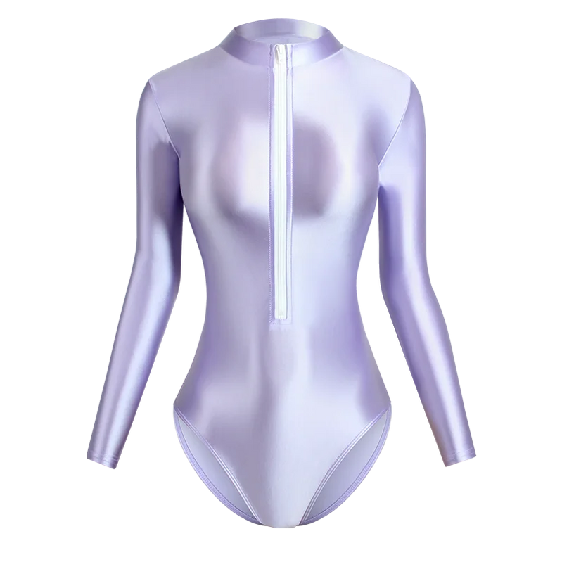 Satin Shiny Japanese Women's Sexy Body Suits Front Zipper Long Sleeve Tight Glossy Silky High Cut One Piece Swimsuit Plus Size Light Purple
