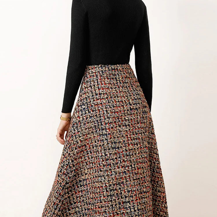 Women's Fashion Autumn Winter 2 Piece Dress Set Female Party Outfits Black Sweater Top and Long Tweed Woolen Skirt Suit Twinset