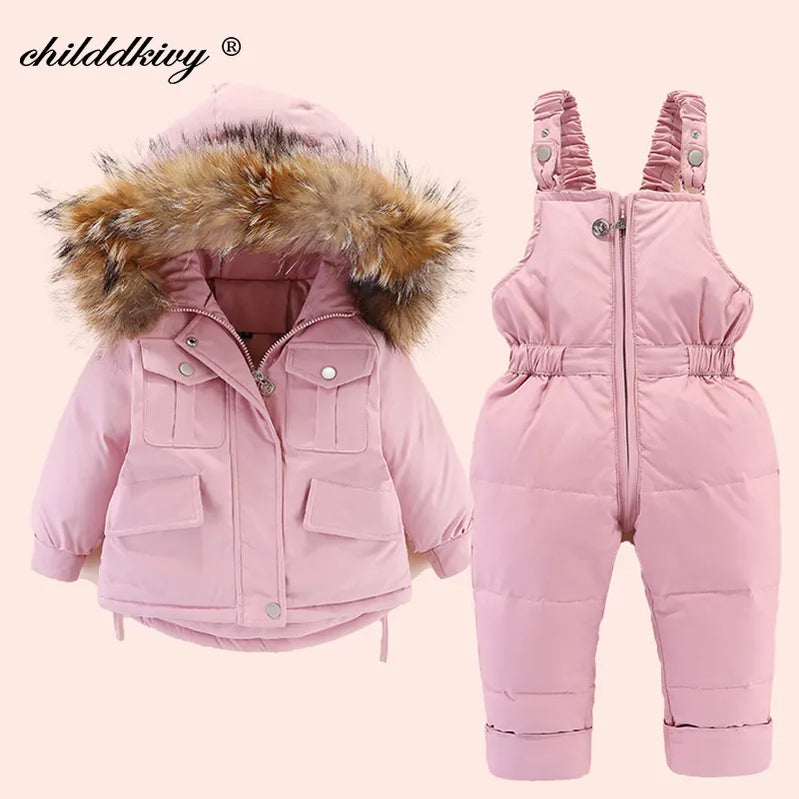 2pcs Set Children Winter Down Jacket and Jumpsuit for Baby Thicken Jacket for Girls Coat Warm Real Fur Collar Boys Snowsuit 0-4Y pink
