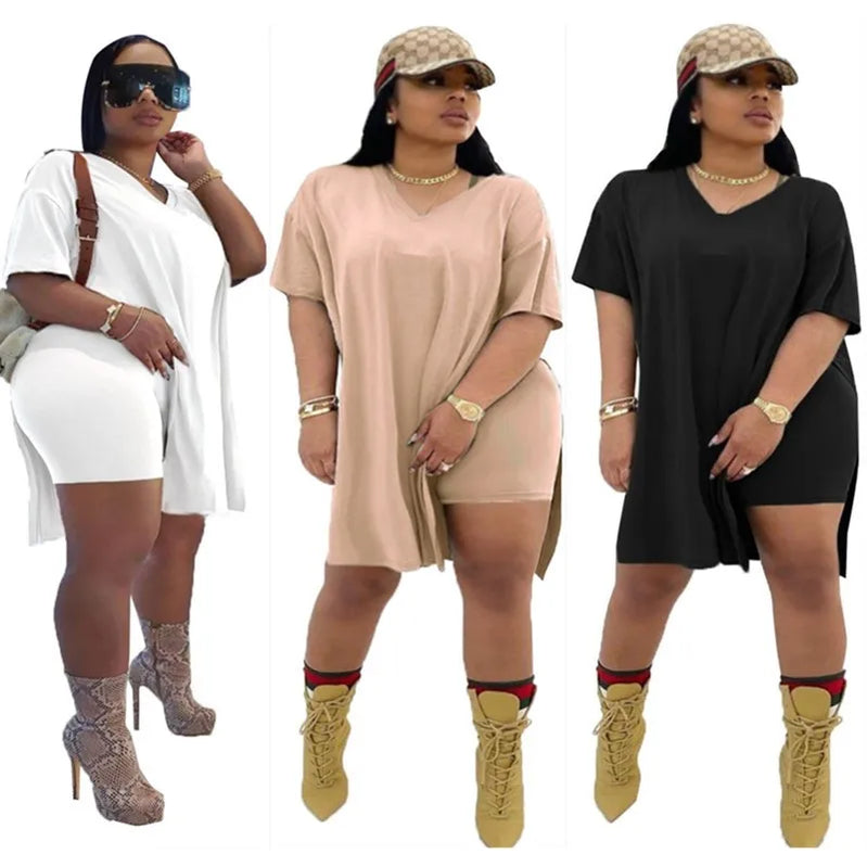 Plus Size Women Clothing Two Piece Set 4xl Summer Wholesale Dropshipping Slip HemTop Shorts Suit Casual Tracksuit Streetwear