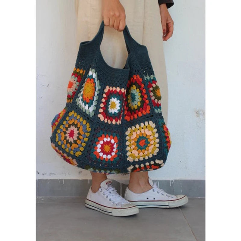 Navy Granny Square Crochet Bag Hippie Classic Handmade Crochet Colorful Boho Chic Shoulder Tote Bags For Winter