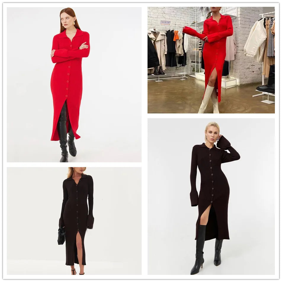 2025  Autumn Bodycon Dress Sweater Knitted Green Women Sexy Midi Split V Neck Long Sleeve Casual Dresses Party Vestidos