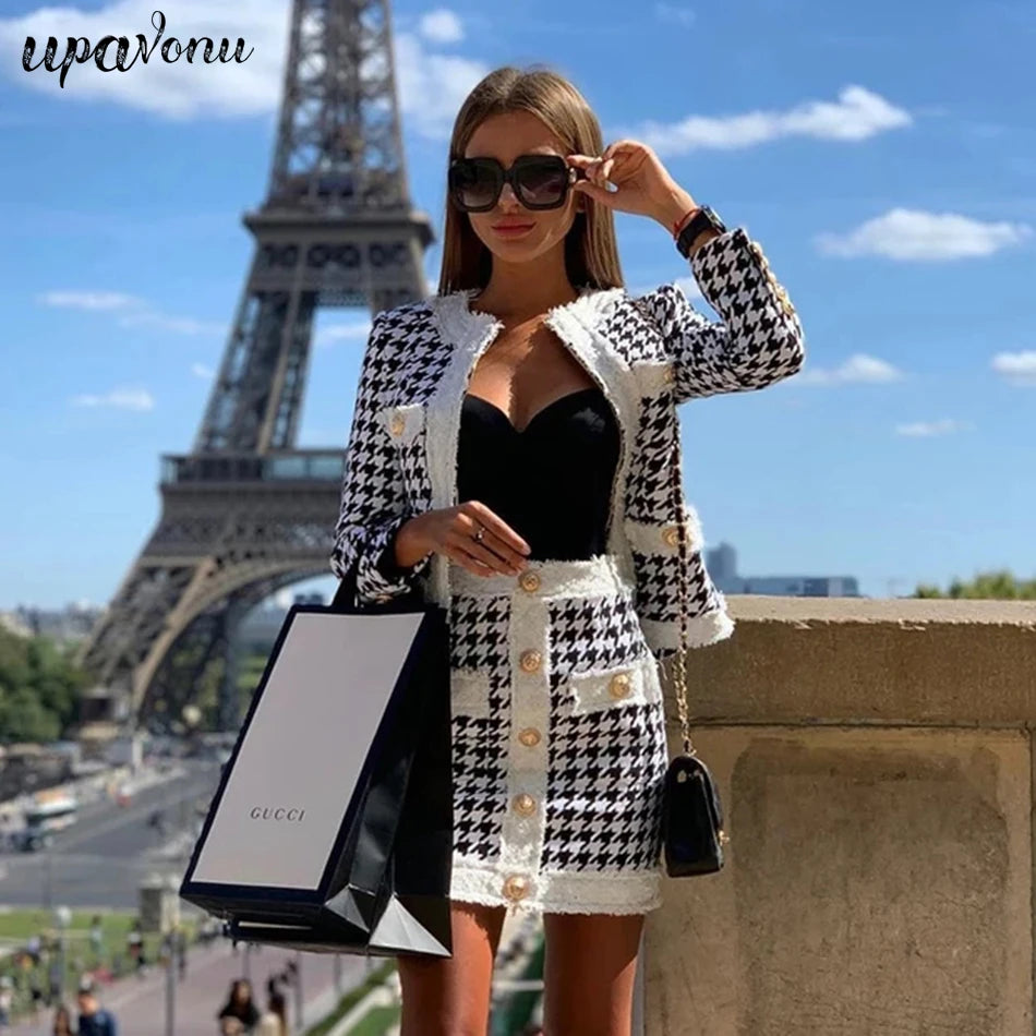 2025 Autumn Women'S Houndstooth Tweed 2 Piece Sets Of Sexy Long-Sleeved Round Neck Button Coat + Short Pencil Skirt Party Suits