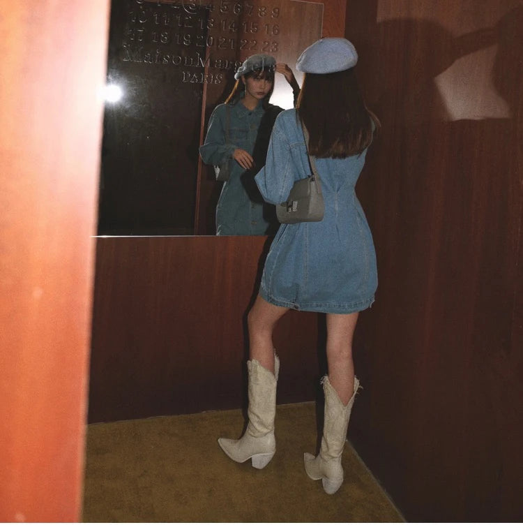 Autumn Denim Dress For Women Long Sleeve Button Up Blue Korean Fashion Collared Mini Jean Dress Clothing