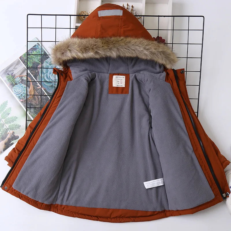 Boys Coats Autumn Winter Fashion Hooded Fur Children's Plus Velvet Warming Cotton Outerwear For Kids Jacket 5-14 Years