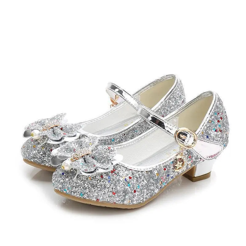 Princess Butterfly Leather Shoes Kids Diamond Bowknot High Heel Children Girl Dance Glitter Shoes Fashion Girls Party Dance Shoe hudie-Silver