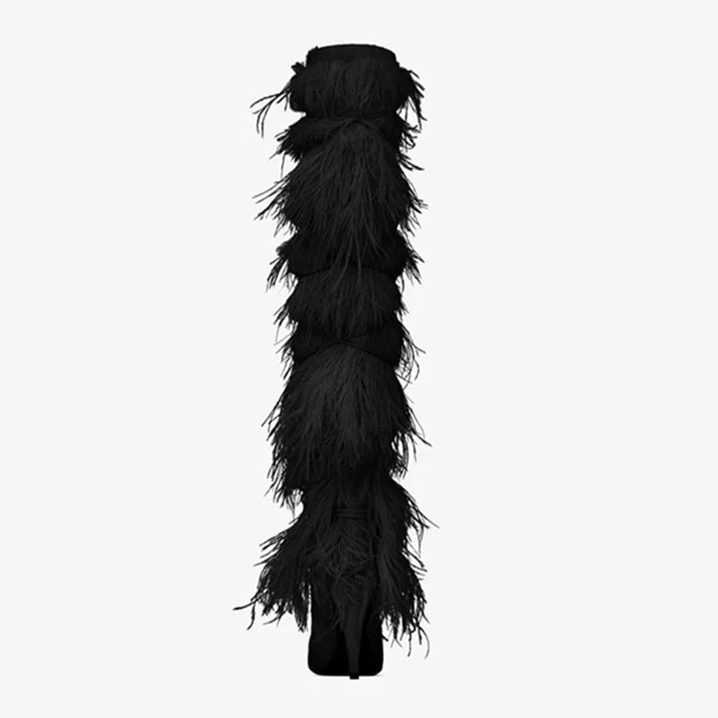 Feather Women's High Boots Suede Cross-tied Pointed Toe Party High Heel Shoes Sexy Ostrich Feather Women's Over The Knee Boots