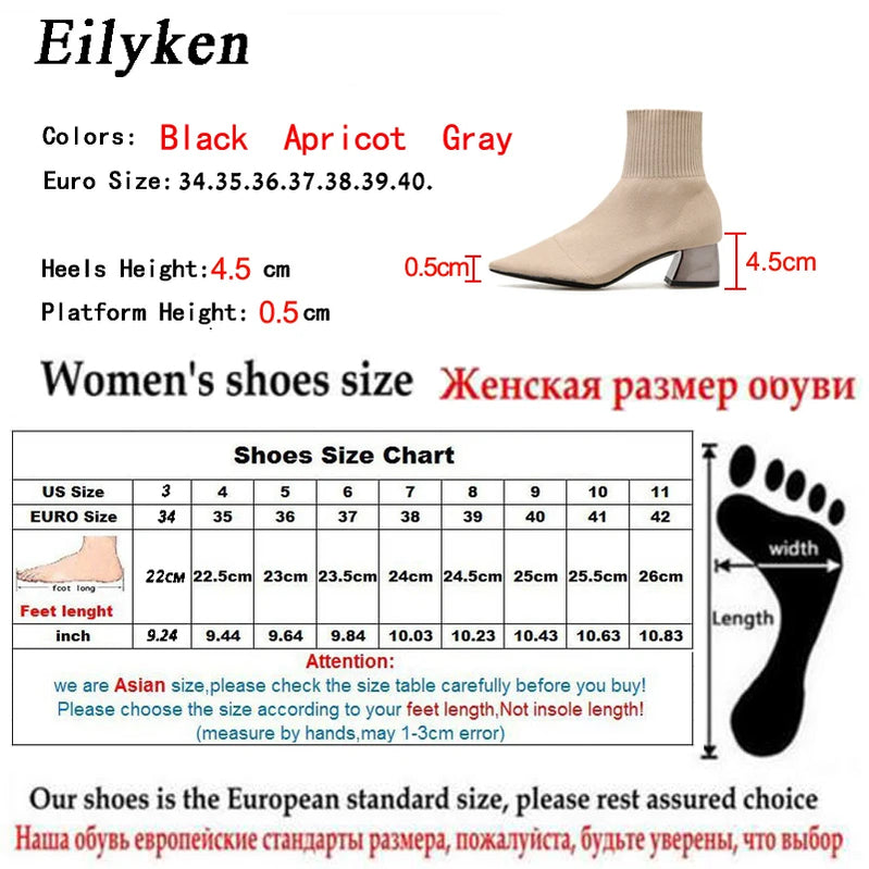 Fashion Knitted Stretch Fabric Sewing Women Ankle Boots Square Heels Winter Pointed Toe Ladies Sock Booties