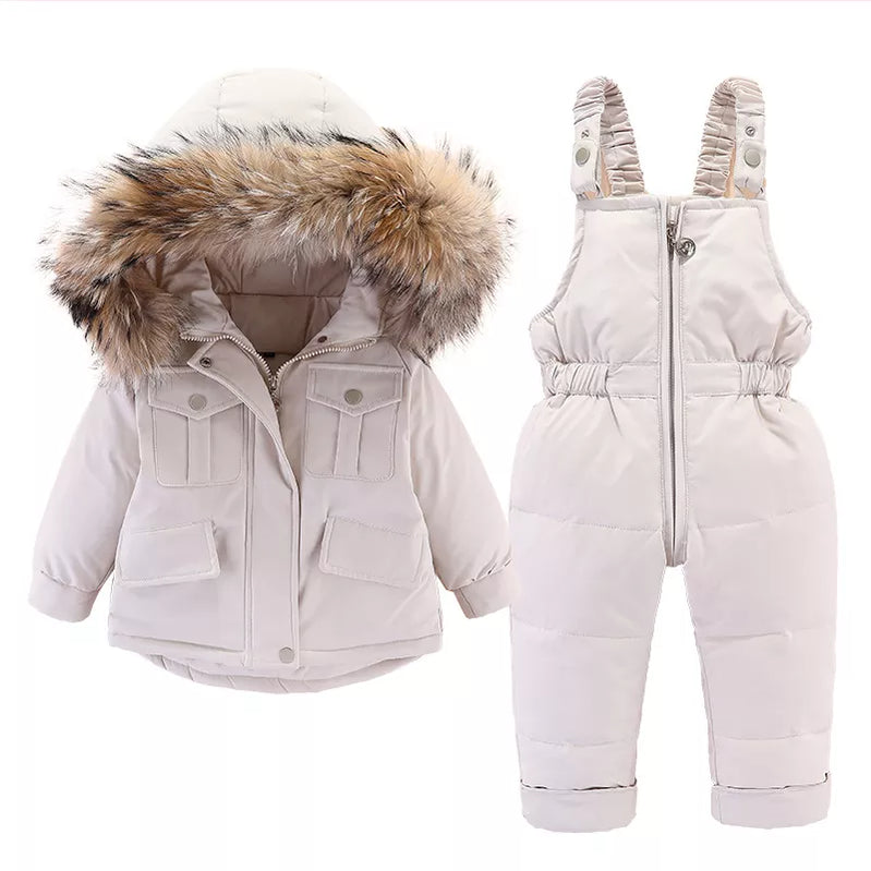 Conjunto de jaqueta e macacão de inverno para crianças, 2 peças, jaqueta grossa para meninas, casaco quente com gola de pele real, roupa de neve para meninos de 0 a 4 anos 