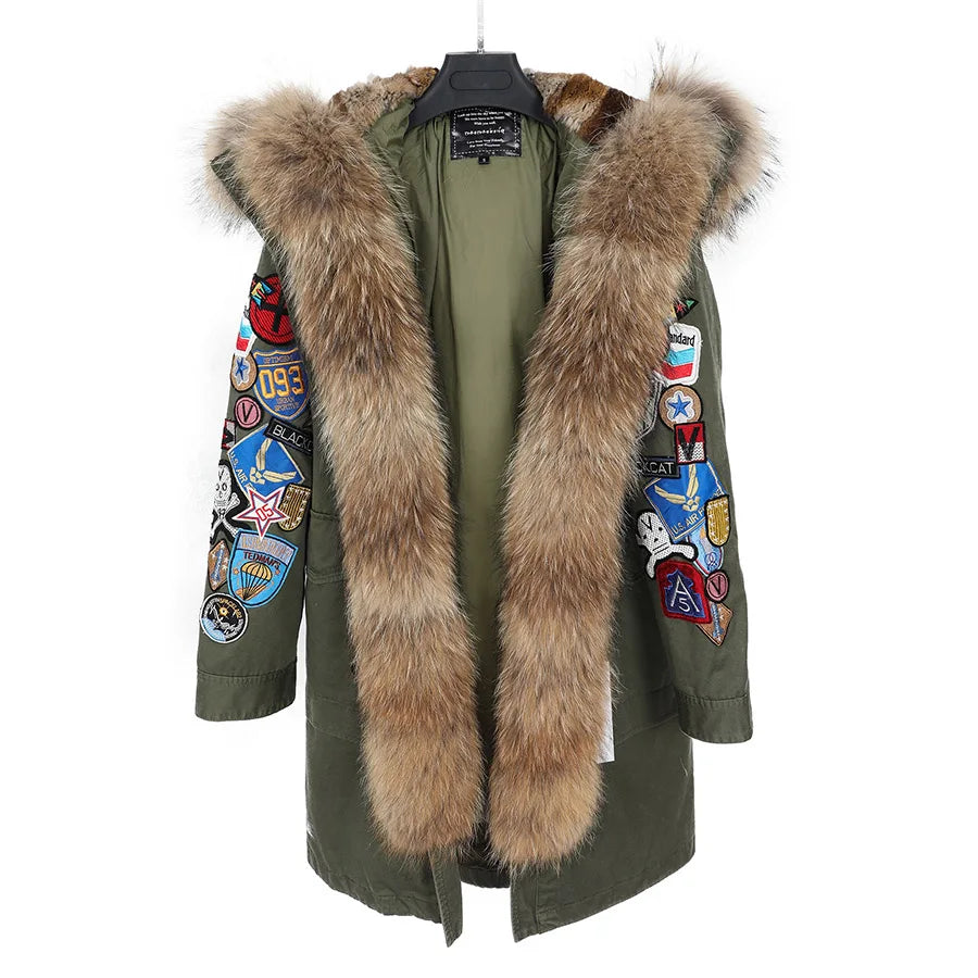 MaoMaoKong Natural Raccoon Fur Collar Women Jacket X-Long Embroidery Large Real Fur Hooded Parkas Winter Coat