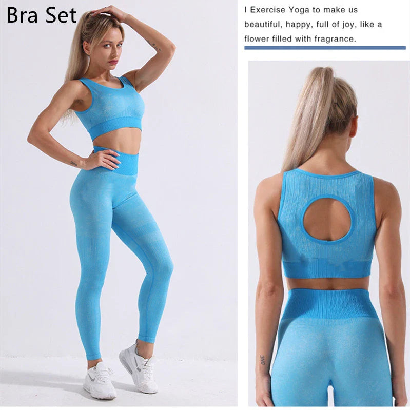 Rid Seamless Yoga Set Women 2pcs Two Piece Long Sleeve Crop Top T-Shirt Leggings Outfit Clothes Gym Wear Fitness Suit Sport Sets Blue Bra Set