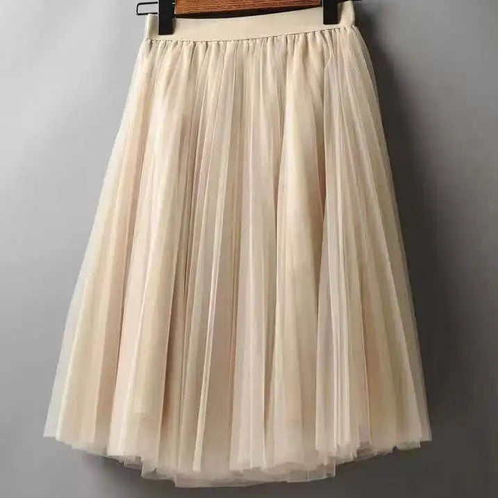 Women's Tulle Plain Pleated Skirt 2019 New Fashion Black Beige White Pink Grey Mesh Midi Skirt High Waist Woman Skirts 3 Layers Beige One Size