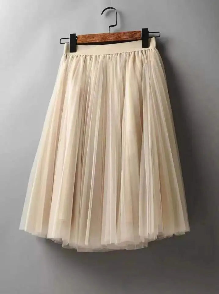 Women's Tulle Plain Pleated Skirt 2019 New Fashion Black Beige White Pink Grey Mesh Midi Skirt High Waist Woman Skirts 3 Layers Beige One Size