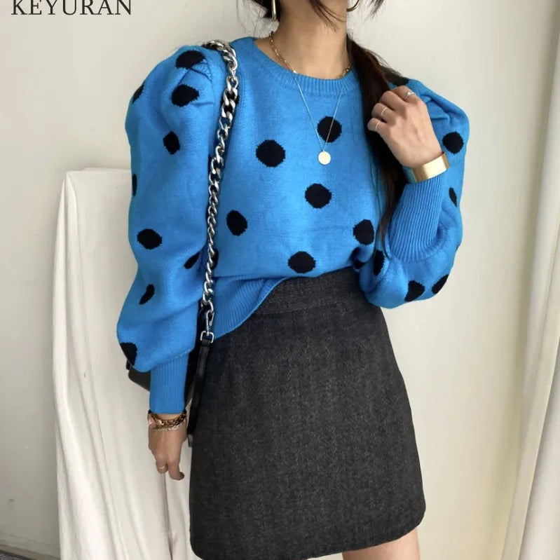 Korean Chic Puff Sleeve Sweater Women Stylish Autumn Winter Polka Dot Pullover Sweater Women's Knitwear Jumper Tops Lady Blue One Size