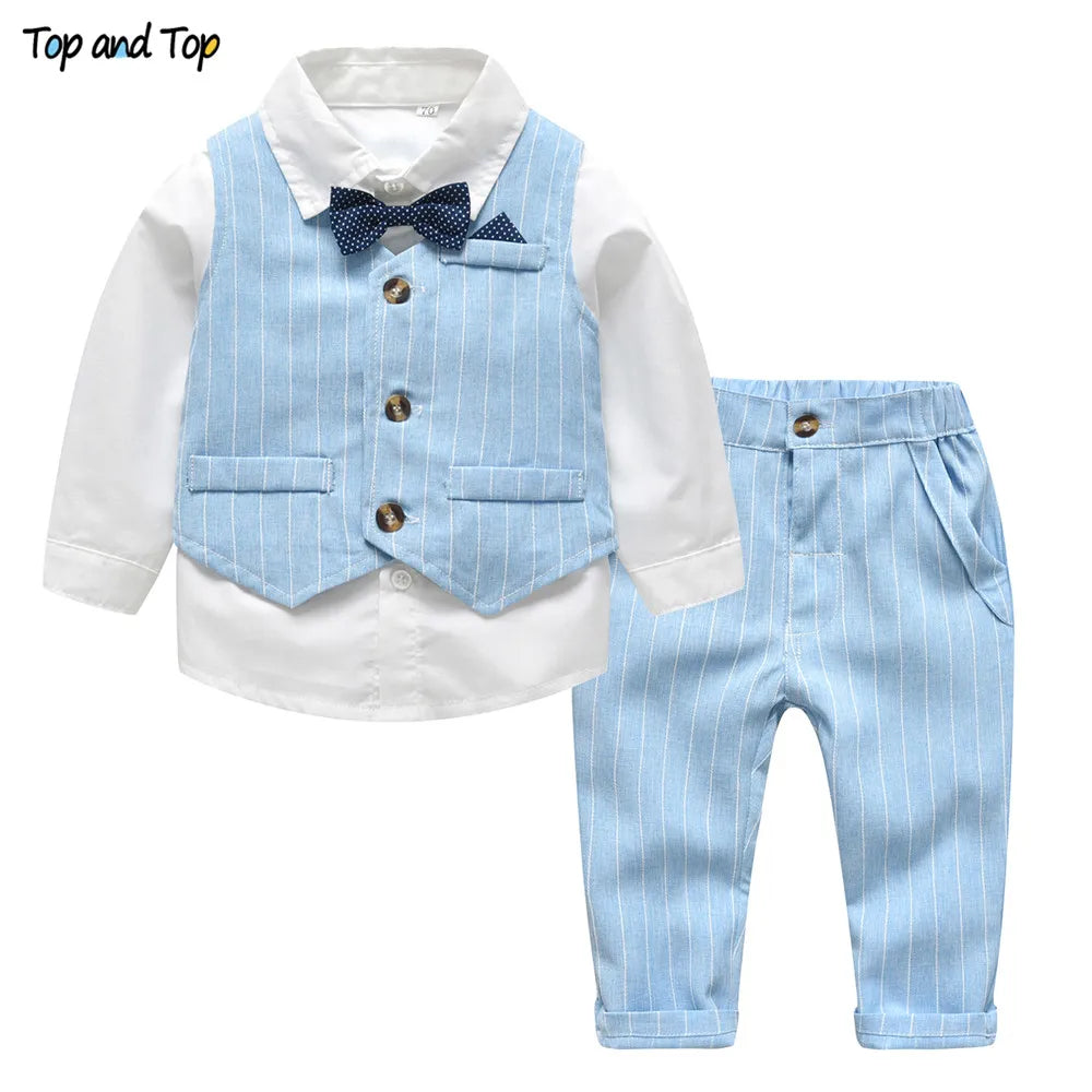 Topp- och toppfjäder- och hösten Baby Boy Gentleman kostym Vit skjorta med Bow Tie+randig väst+byxor 3st Formal Kids Clothes Set