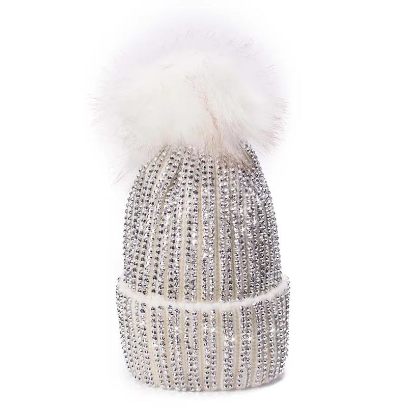 Winter Hats Faux Fur Pom Pom Rhinestone Bling Style Women Beanies Warm Knitted Skull Cap White