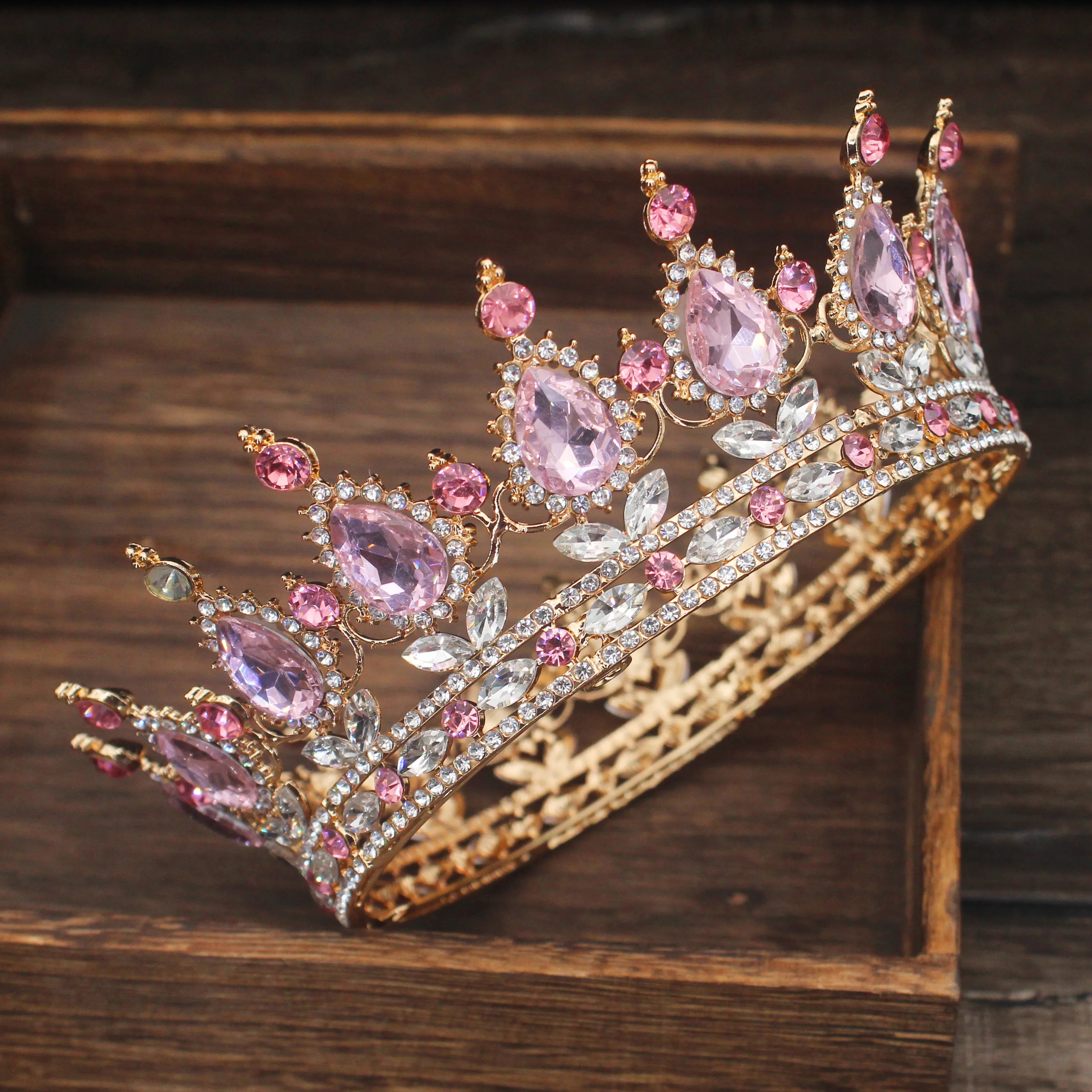 Pink Crystal Tiaras and Crowns Queen Princess Pageant Diadem Women Girl Hair Ornaments Bridal Wedding Hair Jewelry Accessories Gold Pink