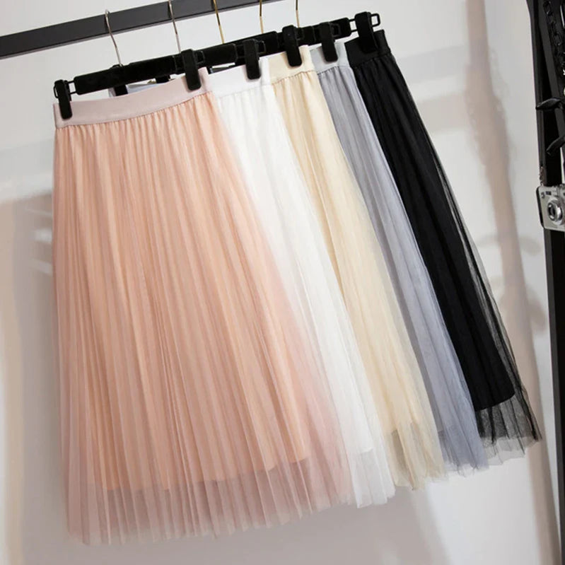 Women's Tulle Plain Pleated Skirt 2019 New Fashion Black Beige White Pink Grey Mesh Midi Skirt High Waist Woman Skirts 3 Layers