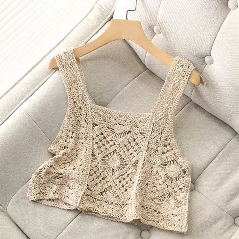 Women Vintage Crochet Camisole Bohemian Hollow Out Geometry Floral Knitted Vest Slim Sleeveless Crop Top Beachwear