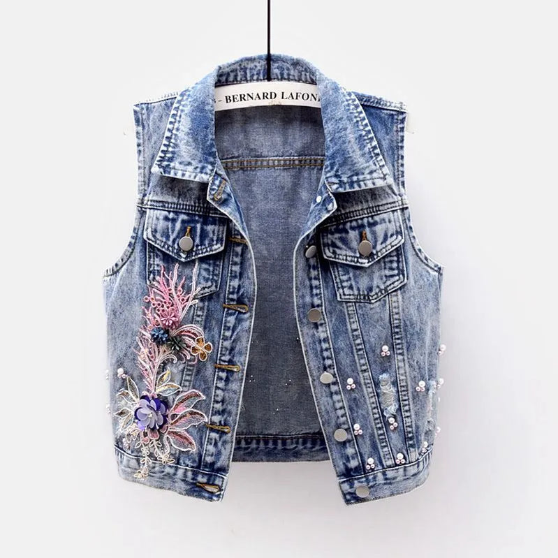 Student Vest Slim Short Jacket Embroidery Flowers Sleeveless Denim Vest Women's Beaded Waistcoat Hole Jeans Vest Coat Girl