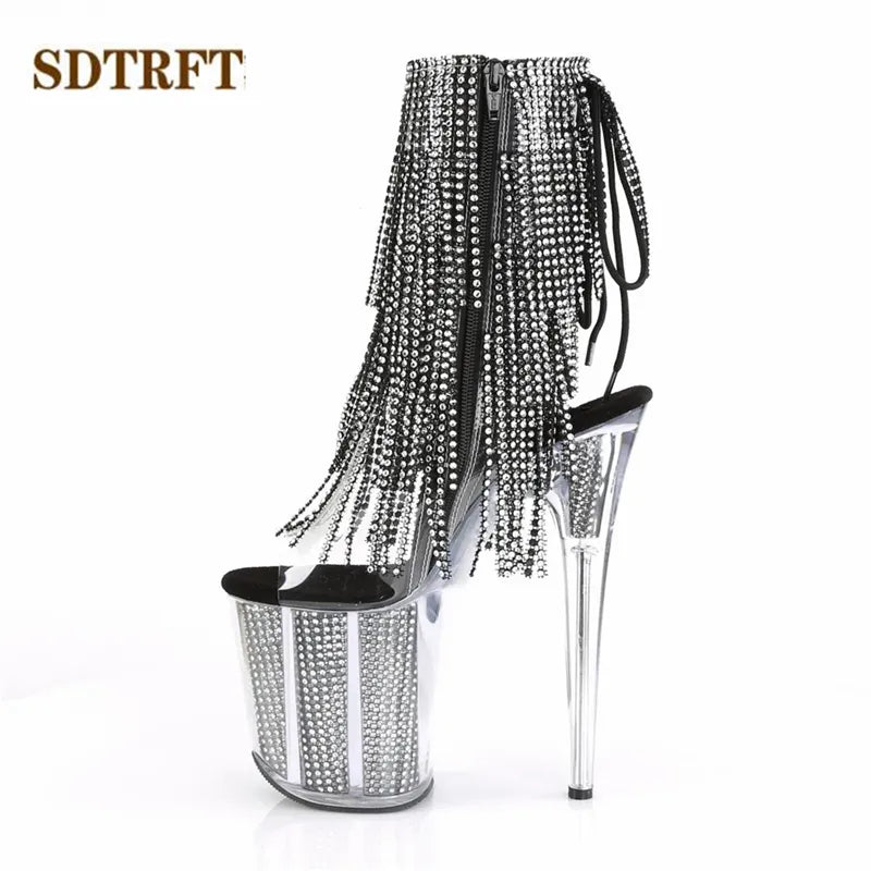 Stilettos 20cm Thin Heels Ankle boots transparent Platforms shoes Woman Rhinestone Tassels Botas Mujer Sequined pumps Dark Grey