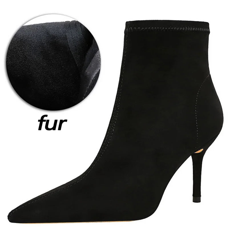 Shoes Suede Women Boots Fashion Women Ankle Boots Pointed Toe High-heel Boots Sexy Black Short Boots Winter Shoes Warm blackfur