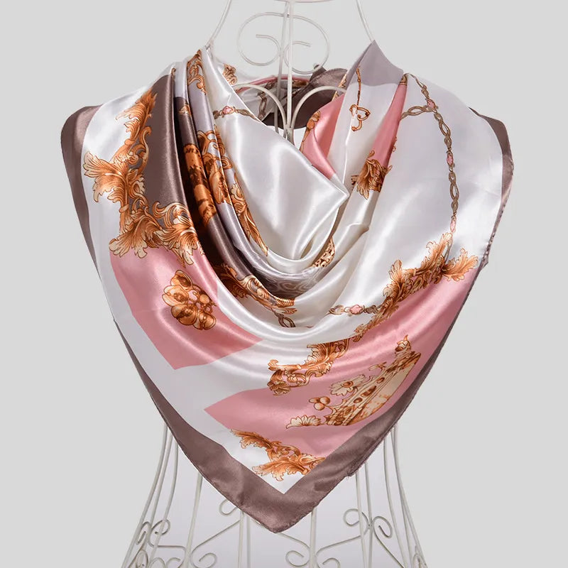 Ladies Green Coffee Square Scarves Printed Women Elegant Satin Large Silk Scarf Shawl 90*90cm Winter Neck Head Scarf coffee white