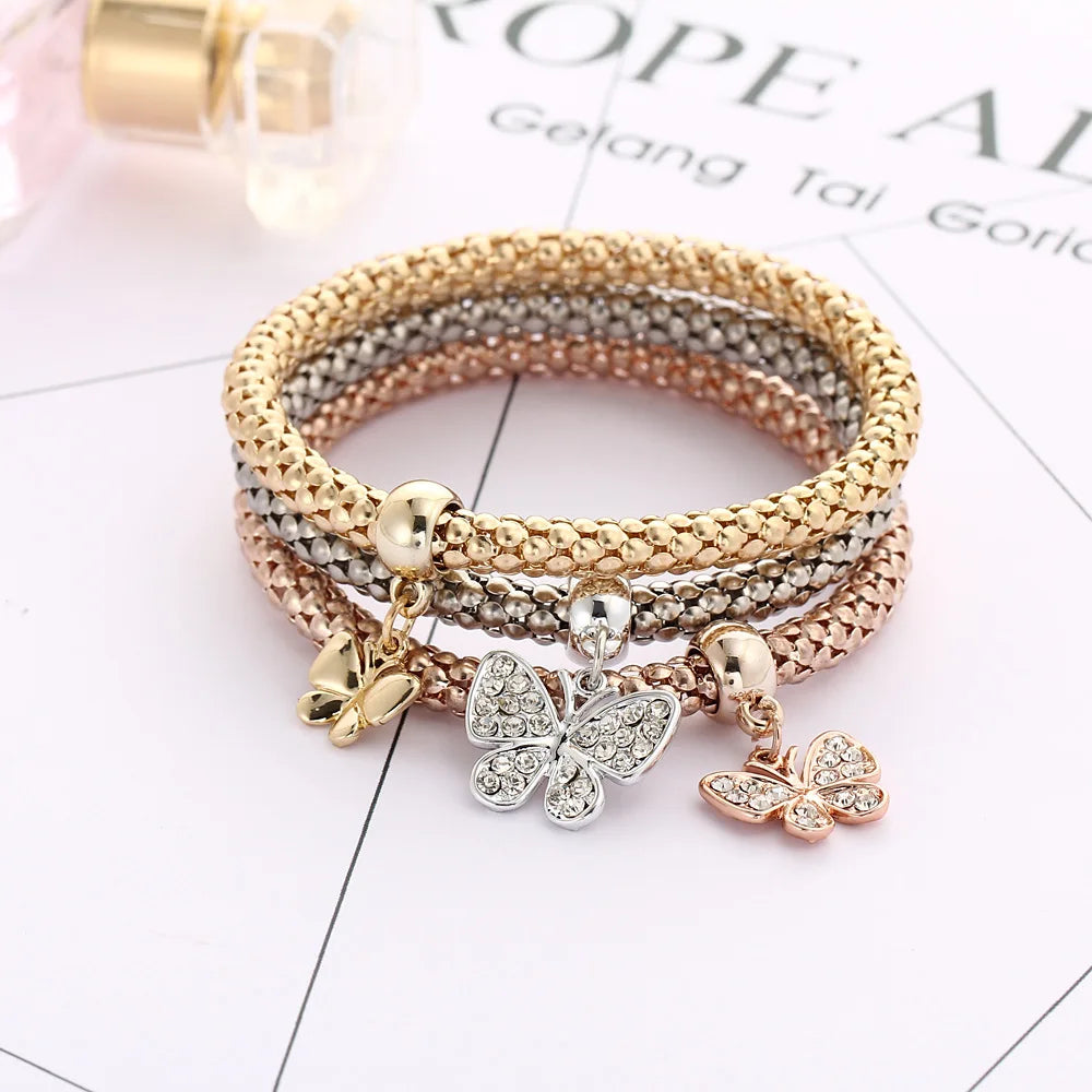 3Colors/Lot Tree Of Life Elastic Bracelet Set For Women Crystal Owl Key Lock Music Note Butterfly Heart Charm Bangle Jewelry