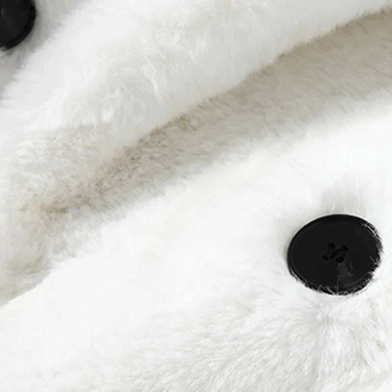 Winter Warm White Faux Fur Coat Women Long Sleeve Lapel Double Breasted Luxury Elegant Fluffy Fake Rabbit Fur Blazers