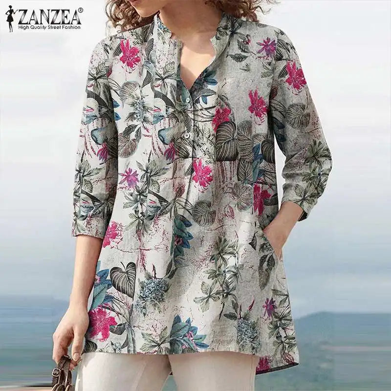 Floral Printed Blouse Oversized Women Casual V Neck 3/4 Sleeve Shirt Retro Maxi Cotton Tops Bohemian Work Female Blusas