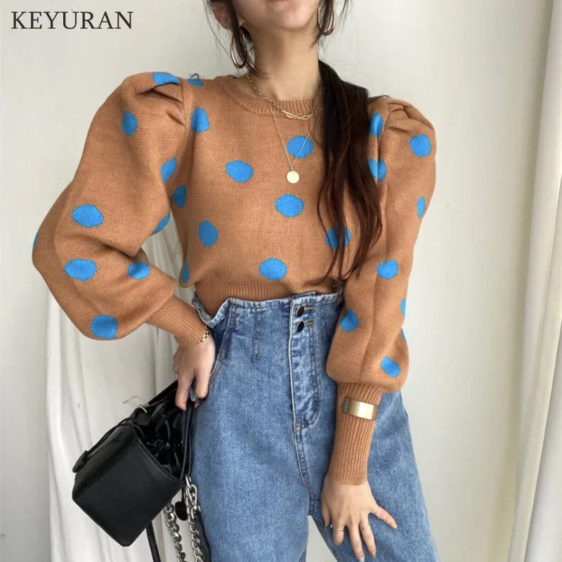 Korean Chic Puff Sleeve Sweater Women Stylish Autumn Winter Polka Dot Pullover Sweater Women's Knitwear Jumper Tops Lady Khaki One Size