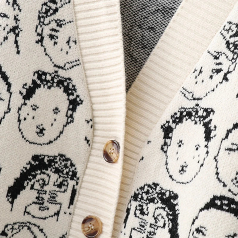 Autumn Winter New Comic V neck Cardigan Female Jacket Knitwear Sweater Coat Casual Knit Pull Femme Sweater For Women